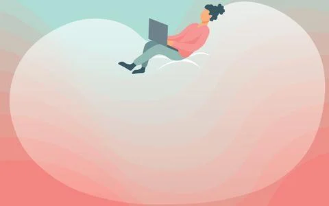 Lady Drawing Sitting Back On A Large Bean Bag Using Laptop. Woman Relaxing And 스톡 일러스트