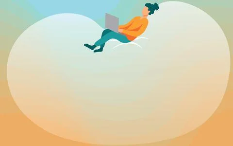 Lady Drawing Sitting Back On A Large Bean Bag Using Laptop. Woman Relaxing And Illustrazione stock