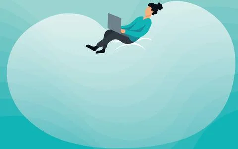 Lady Drawing Sitting Back On A Large Bean Bag Using Laptop. Woman Relaxing And Stock Illustration