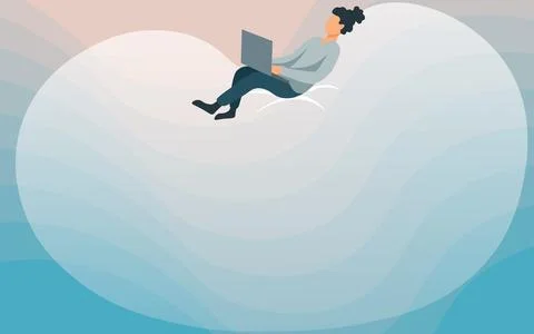 Lady Drawing Sitting Back On A Large Bean Bag Using Laptop. Woman Relaxing And Stock Illustration
