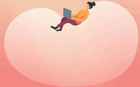 Lady Drawing Sitting Back On A Large Bean Bag Using Laptop. Woman Relaxing And 스톡 일러스트