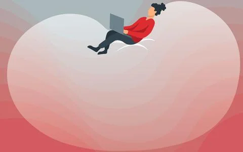Lady Drawing Sitting Back On A Large Bean Bag Using Laptop. Woman Relaxing And Illustrazione stock