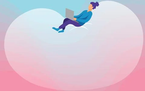 Lady Drawing Sitting Back On A Large Bean Bag Using Laptop. Woman Relaxing And 스톡 일러스트
