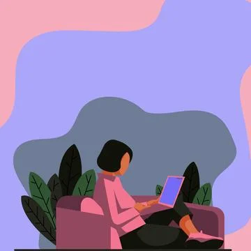 Lady Drawing Sitting Back On Sofa Using Laptop. Woman Relaxing And Laying Down Illustrazione stock