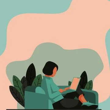 Lady Drawing Sitting Back On Sofa Using Laptop. Woman Relaxing And Laying Down Illustrazione stock