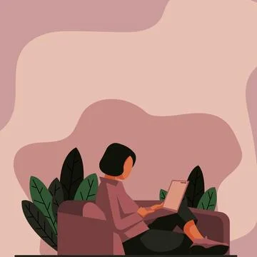 Lady Drawing Sitting Back On Sofa Using Laptop. Woman Relaxing And Laying Down Stock Illustration