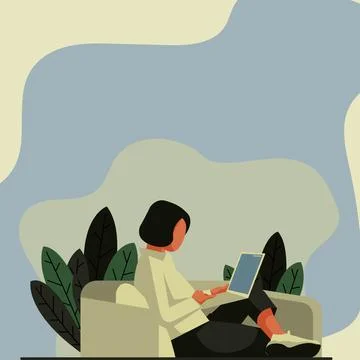 Lady Drawing Sitting Back On Sofa Using Laptop. Woman Relaxing And Laying Down Illustrazione stock