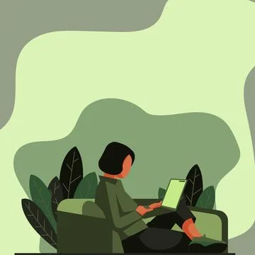 Lady Drawing Sitting Back On Sofa Using Laptop. Woman Relaxing And Laying Down Illustrazione stock