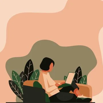 Lady Drawing Sitting Back On Sofa Using Laptop. Woman Relaxing And Laying Down Stock Illustration