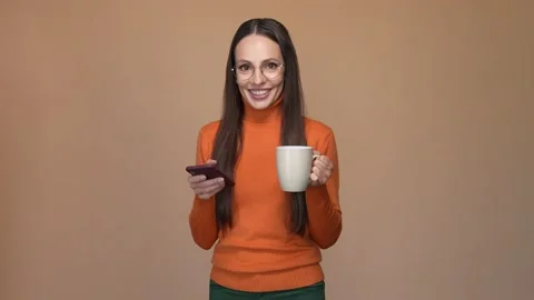 Lady drink beverage use device like comment isolated pastel color background Video stock 167365501