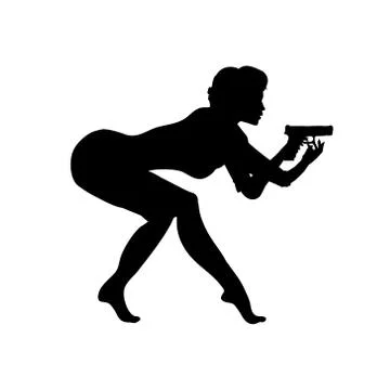 Lady in a dynamic pose on tiptoes decided sneak up with a gun. Silhouette Stock Illustration