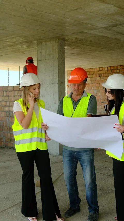 Lady engineer discusses project looking at special layout Stock Footage 317623942