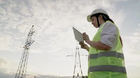 Lady engineer inputs data on tablet standing by electric power transmission line Stock Photos