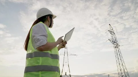 Lady engineer inputs data on tablet standing by electric power transmission line Stock Photos