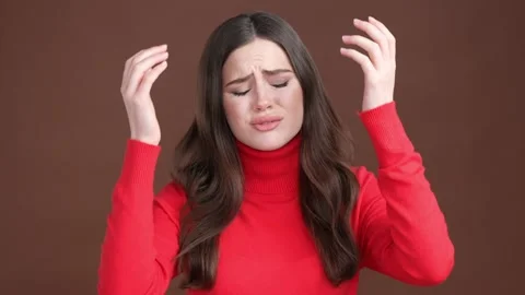 Lady feel depressed fail error novelty isolated brown color background Stock Footage 189494836