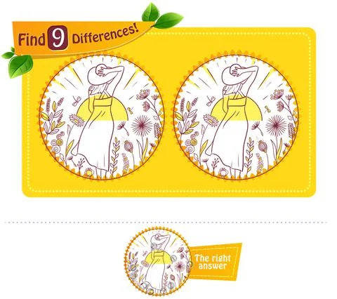 Lady, flowers game 9 differences Stock Illustration