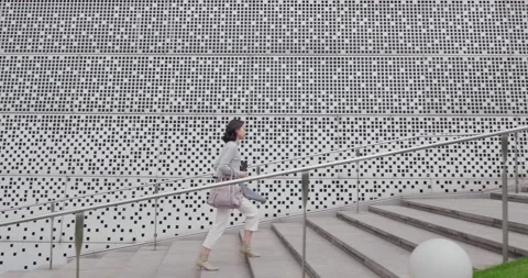 Lady going up the stairs Stock Footage 144514163