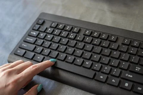 Lady Hands Pointing Pressing Computer Keyboard Keys Typewriting New Ideas. .. Stock Photos
