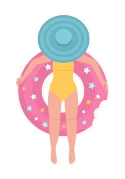 Lady in hat lying on inflatable donut ring semi flat color vector character 库存插图