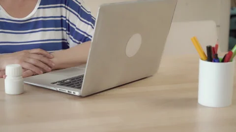 Lady with headache take drugs in the room Stock Footage