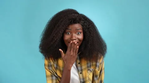 Lady hide palm lips talk confidential novelty isolated blue color background 動画素材 166157917