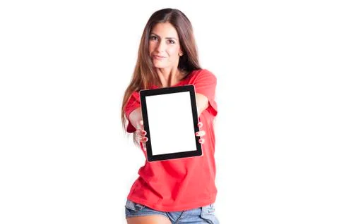 Lady holding a tablet Stock Photos