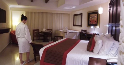 Lady in the hotel room. Stock Footage 90360847