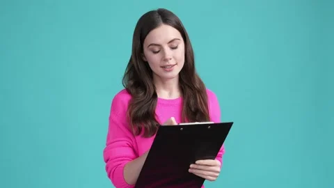 Lady human resources worker speak applicant isolated cyan color background Stock Footage 192379307