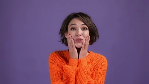Lady impressed win victory hands face isolated dark shine color background Stock Footage 169360900