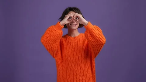 Lady interested look far forward impressed isolated vibrant color background Stock Footage 169361268