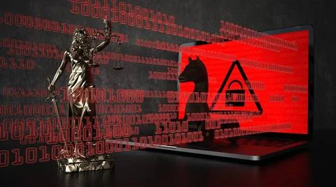 Lady Justice Statue Hacking Attack Legal consequences of a hack attack. 3d... Stock Photos