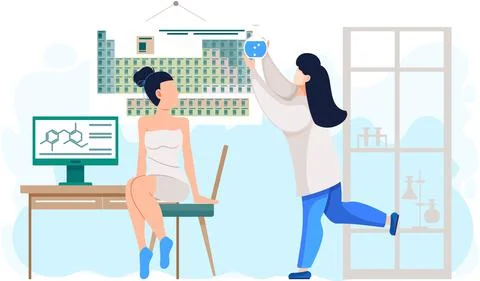 Lady in lab coat points to periodic table on background. Girl in swimwear 스톡 일러스트