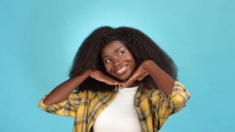 Lady look empty space demonstrate white teeth isolated blue color background Stock Footage 166158418