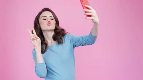 Lady make video record selfie v-sign gadget isolated pastel color background Video stock 168871111
