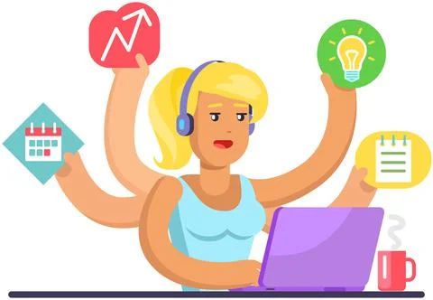 Lady with many hands coping with multitasking. Female employee doing tasks 스톡 일러스트