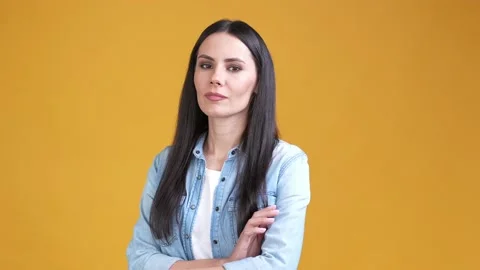 Lady marketer cross hands analyze applicant isolated vibrant color background Stock Footage 170010798