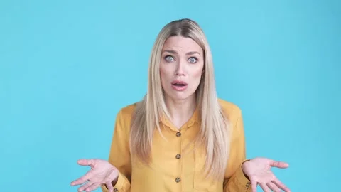 Lady marketer impressed terrible novelty isolated blue color background Stock Footage 170754802
