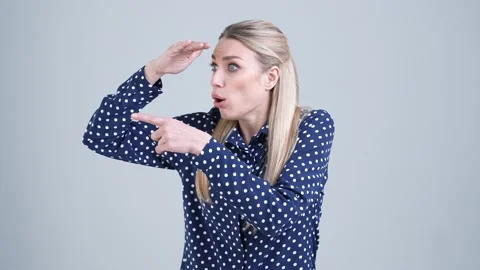 Lady marketer watch finance decrease information isolated grey color background Stockbeeldmateriaal 170299450