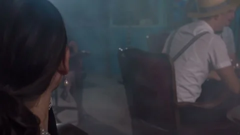 Lady is moving her head because she enjoys the music Stock Footage 112201225