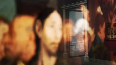 Lady with notebook comes into museum view through reflection Stock Footage 133243639