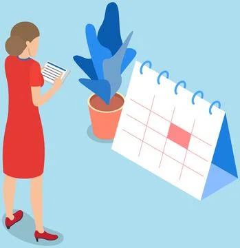Lady with notes creating calendar for work. Task planning, woman looks at Stock Illustration