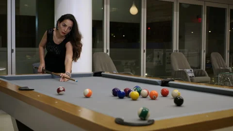 Lady Plays Pool 2 Stock Footage 157610693