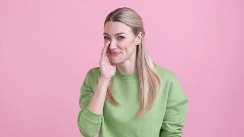 Lady point empty space share private news isolated pastel color background Stock Footage 169864737