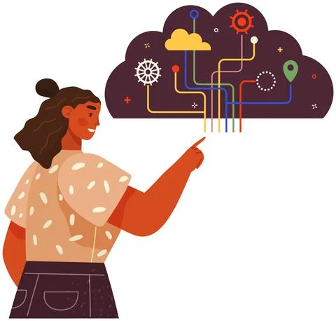 Lady points to thoughts in shape of cloud. Woman working with developing Illustrazione stock