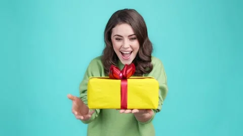 Lady prepare give package wish event isolated cyan color background Stock Footage 169943102