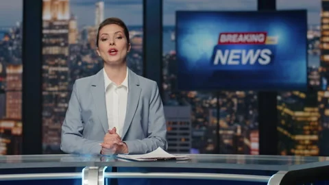 Lady presenter reading news at studio closeup. Anchorwoman talking live report Stock Footage 255392099