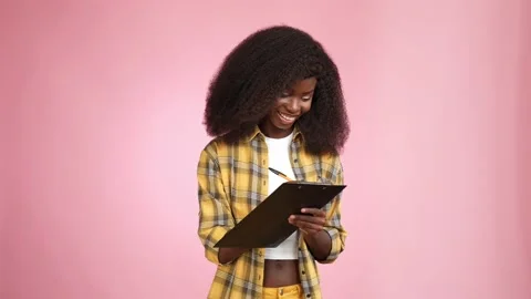 Lady professional marketer ask write checklist isolated pastel color background Stock Footage 166046997