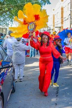 Lady in Red with Feathers Foto stock
