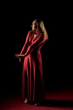 Lady in red gown standing and posing  in studio. Portrait of beautiful elegan Stock Photos