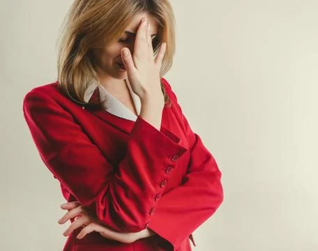 Lady in red jacket failure Stockfoto's